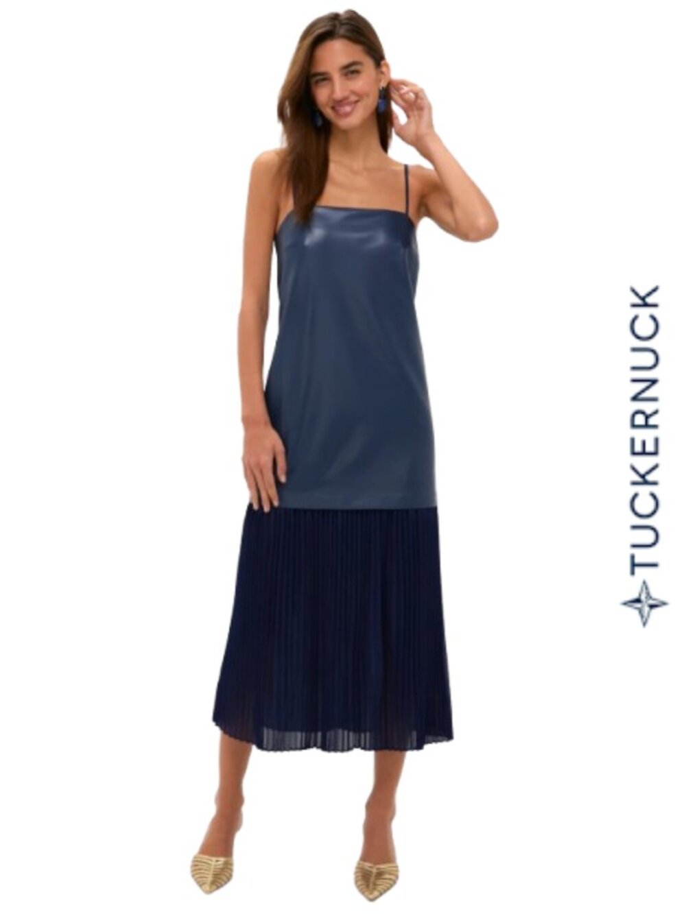 NWT Hyacinth House Ozzy Mixed Media Leather Pleated Midi Dress Size M, Navy